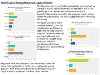 The favourite sub-genre of thriller was actually psychological, we
wanted to make a horror/thriller but we decided to mix in the
psychological part as well. Our title sequence is still a
horror/thriller but the man in the title sequence is seen to have
mental health problems, this was brought into it after reviewing
this survey.
The score is what our target
audience believes builds the
most tension, we focused a
lot on the music to ensure it
matched the atmosphere and
went well with each shot,
however we thought it was
important to have a
combination of all these
things in order to successfully
build tension.
My group, after a lot of research into abandoned places and
houses, decided to film in the forest, even though it wasn’t
popular I think it still worked well for our title sequence. Our
target audience responded positively to our decision.
How did you address/attract your target audience?
 
