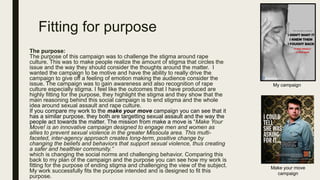 Fitting for purpose
The purpose:
The purpose of this campaign was to challenge the stigma around rape
culture. This was to make people realize the amount of stigma that circles the
issue and the way they should consider the thoughts around the matter. I
wanted the campaign to be motive and have the ability to really drive the
campaign to give off a feeling of emotion making the audience consider the
issue. The campaign was to gain awareness and also recognition of rape
culture especially stigma. I feel like the outcomes that I have produced are
highly fitting for the purpose, they highlight the stigma and they show that the
main reasoning behind this social campaign is to end stigma and the whole
idea around sexual assault and rape culture.
If you compare my work to the make your move campaign you can see that it
has a similar purpose, they both are targetting sexual assault and the way the
people act towards the matter. The mission from make a move is “Make Your
Move! is an innovative campaign designed to engage men and women as
allies to prevent sexual violence in the greater Missoula area. This multi-
faceted, inter-agency approach creates long-term, positive change by
changing the beliefs and behaviors that support sexual violence, thus creating
a safer and healthier community.”
which is changing the social norms and challenging behavior. Comparing this
back to my plan of the campaign and the purpose you can see how my work is
fitting for the purpose of ending stigma and challenging the view of the subject.
My work successfully fits the purpose intended and is designed to fit this
purpose.
My campaign
Make your move
campaign
 