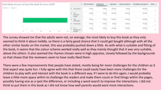 The survey showed me that the adults were not, on average, the most likely to buy this book as they only
seemed to think it about middle, so there is a fairly good chance that it could get bought although with all the
other similar books on the market, this was probably pushed down a little. As with what is suitable and fitting of
the book, it seems that the colour scheme worked really well as they mainly thought that it was very suitable,
above the others. It also seemed the rhymes chosen were in high appraise, closely followed by the backgrounds
so that shows that the reviewers seem to have really liked them.
There were a few improvements that people have stated, mostly being for more challenges for the children as it
that aspect was quite fun. I fully agree with this that there could easily have been more challenges for the
children to play with and interact with the book in a different way. If I were to do this again, I would probably
leave a little more space within to challenge the readers and make them count or find things within the pages,
possibly having one as a spot the difference, or including a word search to improve the interactions. I did not
think to put them in this book as I did not know how well parents would want more interactions.
 