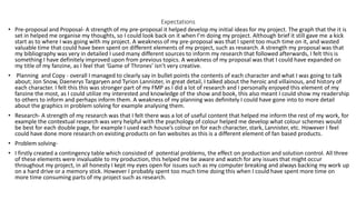 Expectations
• Pre-proposal and Proposal- A strength of my pre-proposal it helped develop my initial ideas for my project. The graph that the it is
set in helped me organise my thoughts, so I could look back on it when I’m doing my project. Although brief it still gave me a kick
start as to where I was going with my project. A weakness of my pre-proposal was that I spent too much time on it, and wasted
valuable time that could have been spent on different elements of my project, such as research. A strength my proposal was that
my bibliography was very in detailed I used many different sources to inform my research that followed afterwards, I felt this is
something I have definitely improved upon from previous topics. A weakness of my proposal was that I could have expanded on
my title of my fanzine, as I feel that ‘Game of Thrones’ isn’t very creative.
• Planning and Copy - overall I managed to clearly say in bullet points the contents of each character and what I was going to talk
about; Jon Snow, Daenerys Targaryen and Tyrion Lannister, in great detail, I talked about the heroic and villainous, and history of
each character. I felt this this was stronger part of my FMP as I did a lot of research and I personally enjoyed this element of my
fanzine the most, as I could utilize my interested and knowledge of the show and book, this also meant I could show my readership
to others to inform and perhaps inform them. A weakness of my planning was definitely I could have gone into to more detail
about the graphics in problem solving for example analysing them.
• Research- A strength of my research was that I felt there was a lot of useful content that helped me inform the rest of my work, for
example the contextual research was very helpful with the psychology of colour helped me develop what colour schemes would
be best for each double page, for example I used each house’s colour on for each character, stark, Lannister, etc. However I feel
could have done more research on existing products on fan websites as this is a different element of fan based products.
• Problem solving-
• I firstly created a contingency table which consisted of potential problems, the effect on production and solution control. All three
of these elements were invaluable to my production, this helped me be aware and watch for any issues that might occur
throughout my project, in all honesty I kept my eyes open for issues such as my computer breaking and always backing my work up
on a hard drive or a memory stick. However I probably spent too much time doing this when I could have spent more time on
more time consuming parts of my project such as research.
 