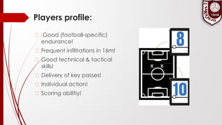 Players profile:
� Good (football-specific)
endurance!
� Frequent infiltrations in 16m!
� Good technical & tactical
skills!
� Delivery of key passes!
� Individual action!
� Scoring abilitiy!
 