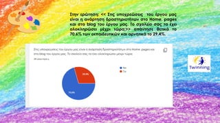 Στην ερώτηση: << Στις υποχρεώσεις του έργου μας
είναι η ανάρτηση δραστηριοτήτων στο Home, pages
και στο blog του έργου μας. Το σχολείο σας τα έχει
ολοκληρώσει μέχρι τώρα;>> απάντησε θετικά το
70,6% των εκπαιδευτικών και αρνητικά το 29,4%.
 