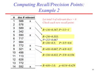 11
R=3/6=0.5; P=3/5=0.6
Computing Recall/Precision Points:
Example 2
n doc # relevant
1 588 x
2 576
3 589 x
4 342
5 590 x
6 717
7 984
8 772 x
9 321 x
10 498
11 113
12 628
13 772
14 592 x
Let total # of relevant docs = 6
Check each new recall point:
R=1/6=0.167; P=1/1=1
R=2/6=0.333;
P=2/3=0.667
R=6/6=1.0; p=6/14=0.429
R=4/6=0.667; P=4/8=0.5
R=5/6=0.833; P=5/9=0.556
 