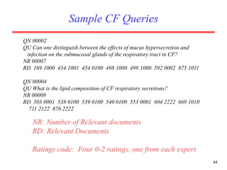 44
Sample CF Queries
QN 00002
QU Can one distinguish between the effects of mucus hypersecretion and
infection on the submucosal glands of the respiratory tract in CF?
NR 00007
RD 169 1000 434 1001 454 0100 498 1000 499 1000 592 0002 875 1011
QN 00004
QU What is the lipid composition of CF respiratory secretions?
NR 00009
RD 503 0001 538 0100 539 0100 540 0100 553 0001 604 2222 669 1010
711 2122 876 2222
NR: Number of Relevant documents
RD: Relevant Documents
Ratings code: Four 0-2 ratings, one from each expert
 