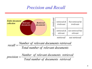 5
documentsrelevantofnumberTotal
retrieveddocumentsrelevantofNumber
recall 
retrieveddocumentsofnumberTotal
retrieveddocumentsrelevantofNumber
precision 
Relevant
documents
Retrieved
documents
Entire document
collection
retrieved &
relevant
not retrieved but
relevant
retrieved &
irrelevant
Not retrieved &
irrelevant
retrieved not retrieved
relevantirrelevant
Precision and Recall
 