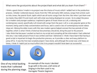 One of my initial backing
tracks that I collected
during the planning stage.
An example of the music I decided
to go with in the end, a lofi remix of
Singing in the Rain used in my
Harrogate Theatre Segment
 