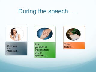 During the speech…..

Show you
are
interested…

Put
yourself in
the position
of the
speaker....

Take
notes…

 