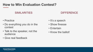 How to Win Evaluation Contest?
SIMILARITIES
• Practice
• Do everything you do in the
contest
• Talk to the speaker, not th...