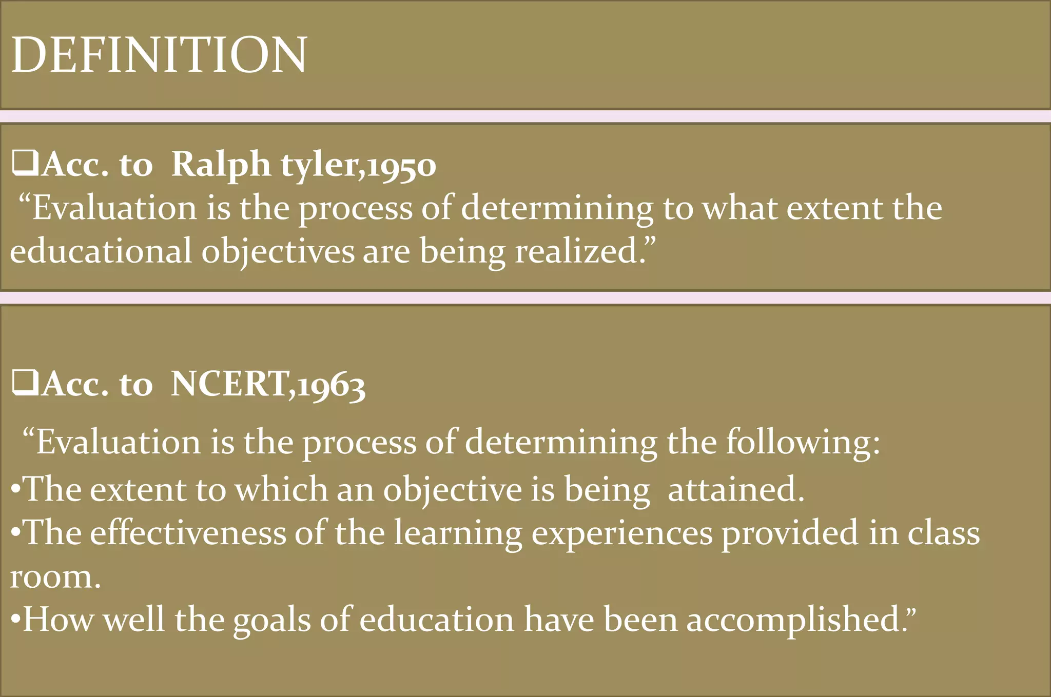 DEFINITION
Acc. to Ralph tyler,1950
“Evaluation is the process of determining to what extent the
educational objectives are being realized.”
Acc. to NCERT,1963
“Evaluation is the process of determining the following:
•The extent to which an objective is being attained.
•The effectiveness of the learning experiences provided in class
room.
•How well the goals of education have been accomplished.”
 