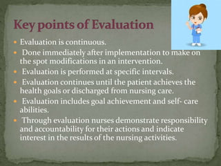  Evaluation is continuous.
 Done immediately after implementation to make on
the spot modifications in an intervention.
 Evaluation is performed at specific intervals.
 Evaluation continues until the patient achieves the
health goals or discharged from nursing care.
 Evaluation includes goal achievement and self- care
abilities.
 Through evaluation nurses demonstrate responsibility
and accountability for their actions and indicate
interest in the results of the nursing activities.
 