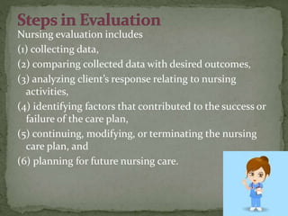 Nursing evaluation includes
(1) collecting data,
(2) comparing collected data with desired outcomes,
(3) analyzing client’s response relating to nursing
activities,
(4) identifying factors that contributed to the success or
failure of the care plan,
(5) continuing, modifying, or terminating the nursing
care plan, and
(6) planning for future nursing care.
 