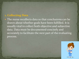 1. Collecting Data
 The nurse recollects data so that conclusions can be
drawn about whether goals have been fulfilled. It is
usually vital to collect both objective and subjective
data. Data must be documented concisely and
accurately to facilitate the next part of the evaluating
process.
 