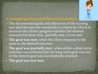 2. Comparing Data with Desired Outcomes
 The documented goals and objectives of the nursing
care plan become the standards or criteria by which to
measure the client’s progress whether the desired
outcome has been met, partially met, or not met.
 The goal was met, when the client response is the
same as the desired outcome.
 The goal was partially met, when either a short-term
outcome was achieved but the long-term goal was not,
or the desired goal was incompletely attained.
 The goal was not met.
 