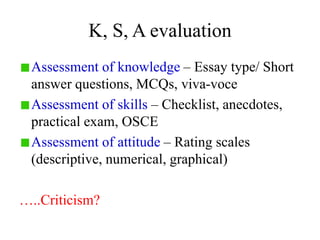 K, S, A evaluation
Assessment of knowledge – Essay type/ Short
answer questions, MCQs, viva-voce
Assessment of skills – Checklist, anecdotes,
practical exam, OSCE
Assessment of attitude – Rating scales
(descriptive, numerical, graphical)
…..Criticism?
 