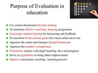 Purpose of Evaluation in
education
For sound educational decision making
To maintain effective teaching- learning programme
Encourage student learning by measuring and feedback
To ascertain if educational goals have been achieved or not
Appraise the status and changes in pupil behaviour
Appraise the teacher’s competence
Familiarize teacher with pupil learning, devt and progress
Serve as a guideline to bring about improvement
Improve curriculum, teaching –learning process
 