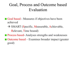 Goal, Process and Outcome based
Evaluation
Goal based - Measures if objectives have been
achieved
 SMART (Specific, Measu...