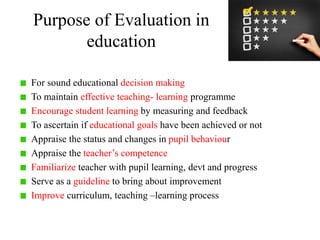 Purpose of Evaluation in
education
For sound educational decision making
To maintain effective teaching- learning programm...