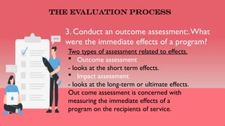 3. Conduct an outcome assessment:.What
were the immediate effects of a program?
The Evaluation Process
Two types of assessment related to effects.
 Outcome assessment
- looks at the short term effects.
 Impact assessment
- looks at the long-term or ultimate effects.
Out come assessment is concerned with
measuring the immediate effects of a
program on the recipients of service.
 