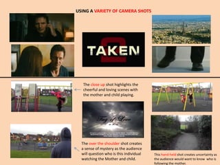 USING A VARIETY OF CAMERA SHOTS




   The close up shot highlights the
   cheerful and loving scenes with
   the mother and child playing.




  The over the shoulder shot creates
  a sense of mystery as the audience
  will question who is this individual   This hand-held shot creates uncertainty as
  watching the Mother and child.         the audience would want to know who is
                                         following the mother.
 