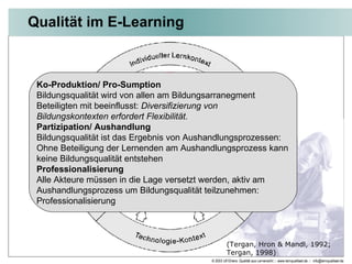 Qualität im E-Learning  (Tergan, Hron & Mandl, 1992;  Tergan, 1998)  Ko-Produktion/ Pro-Sumption Bildungsqualität wird von allen am Bildungsarranegment Beteiligten mit beeinflusst:  Diversifizierung von Bildungskontexten erfordert Flexibilität.  Partizipation/ Aushandlung Bildungsqualität ist das Ergebnis von Aushandlungsprozessen: Ohne Beteiligung der Lernenden am Aushandlungsprozess kann keine Bildungsqualität entstehen Professionalisierung   Alle Akteure müssen in die Lage versetzt werden, aktiv am Aushandlungsprozess um Bildungsqualität teilzunehmen: Professionalisierung 