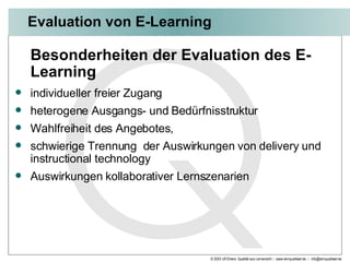 Evaluation von E-Learning  Besonderheiten der Evaluation des E-Learning individueller freier Zugang heterogene Ausgangs- und Bedürfnisstruktur Wahlfreiheit des Angebotes,  schwierige Trennung  der Auswirkungen von delivery und instructional technology Auswirkungen kollaborativer Lernszenarien 