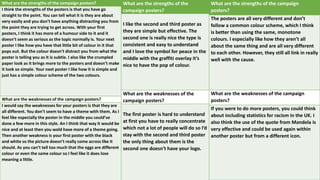 What are the strengths of the campaign posters?
I think the strengths of the posters is that you have go
straight to the point. You can tell what it is they are about
very easily and you don’t have anything distracting you from
the point they are trying to get across. With your first
posters, I think it has more of a humour side to it and it
doesn’t seem as serious as the topic normally is. Your next
poster I like how you have that little bit of colour in it that
pops out. But the colour doesn’t distract you from what the
poster is telling you as it is subtle. I also like the crumpled
paper look as it brings more to the posters and doesn’t make
it look so simple. Your next poster I like how it is simple and
just has a simple colour scheme of the two colours.
What are the weaknesses of the campaign posters?
I would say the weaknesses for your posters is that they are
all different. You don’t seem to have a theme with them. As I
feel like especially the poster in the middle you could’ve
done a few more in this style. An I think that way it would be
nice and at least then you wold have more of a theme going.
Then another weakness is your first poster with the black
and white so the picture doesn’t really come across like it
should. As you can’t tell too much that the eggs are different
colour or even the same colour so I feel like it does lose
meaning a little.
What are the strengths of the
campaign posters?
I like the second and third poster as
they are simple but effective. The
second one is really nice the type is
consistent and easy to understand
and I love the symbol for peace in the
middle with the graffiti overlay it’s
nice to have the pop of colour.
What are the weaknesses of the
campaign posters?
The first poster is hard to understand
at first you have to really concentrate
which not a lot of people will do so I’d
stay with the second and third poster
the only thing about them is the
second one doesn’t have your logo.
What are the strengths of the campaign
posters?
The posters are all very different and don’t
follow a common colour scheme, which I think
is better than using the same, monotone
colours. I especially like how they aren’t all
about the same thing and are all very different
to each other. However, they still all link in really
well with the cause.
What are the weaknesses of the campaign
posters?
If you were to do more posters, you could think
about including statistics for racism in the UK. I
also think the use of the quote from Mandela is
very effective and could be used again within
another poster but from a different icon.
 