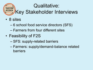 Qualitative:
Key Stakeholder Interviews
• 8 sites
– 6 school food service directors (SFS)
– Farmers from four different sites
• Feasibility of F2S
– SFS: supply-related barriers
– Farmers: supply/demand-balance related
barriers
 