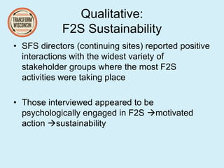Qualitative:
F2S Sustainability
• SFS directors (continuing sites) reported positive
interactions with the widest variety of
stakeholder groups where the most F2S
activities were taking place
• Those interviewed appeared to be
psychologically engaged in F2S motivated
action sustainability
 