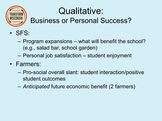 Qualitative:
Business or Personal Success?
• SFS:
– Program expansions – what will benefit the school?
(e.g., salad bar, school garden)
– Personal job satisfaction – student enjoyment
• Farmers:
– Pro-social overall slant: student interaction/positive
student outcomes
– Anticipated future economic benefit (2 farmers)
 
