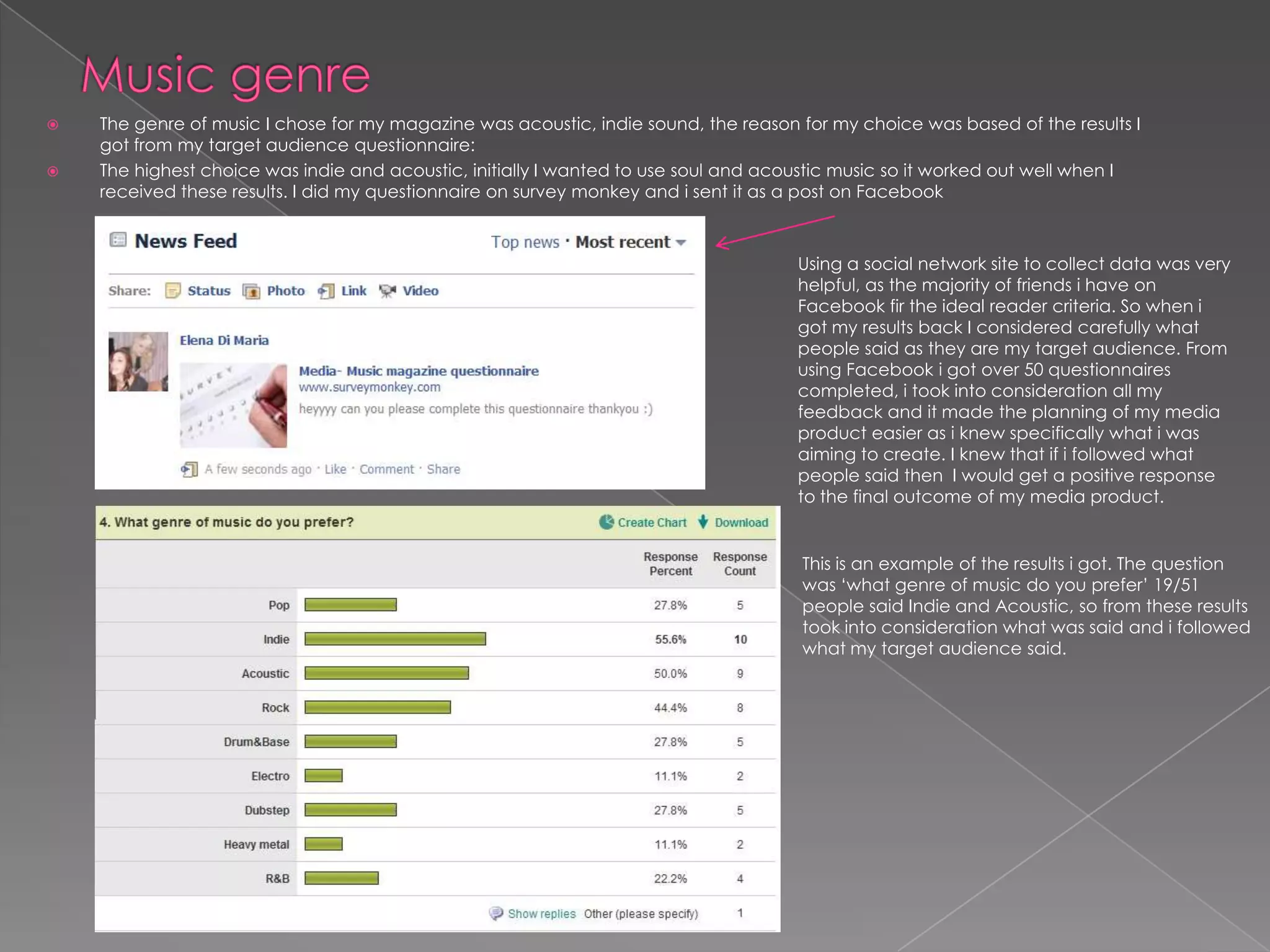 Music genre The genre of music I chose for my magazine was acoustic, indie sound, the reason for my choice was based of the results I got from my target audience questionnaire:The highest choice was indie and acoustic, initially I wanted to use soul and acoustic music so it worked out well when I received these results. I did my questionnaire on survey monkey and i sent it as a post on Facebook Using a social network site to collect data was very helpful, as the majority of friends i have on Facebook fir the ideal reader criteria. So when i got my results back I considered carefully what people said as they are my target audience. From using Facebook i got over 50 questionnaires completed, i took into consideration all my feedback and it made the planning of my media product easier as i knew specifically what i was aiming to create. I knew that if i followed what people said then  I would get a positive response to the final outcome of my media product. This is an example of the results i got. The questionwas ‘what genre of music do you prefer’ 19/51people said Indie and Acoustic, so from these results took into consideration what was said and i followedwhat my target audience said. 