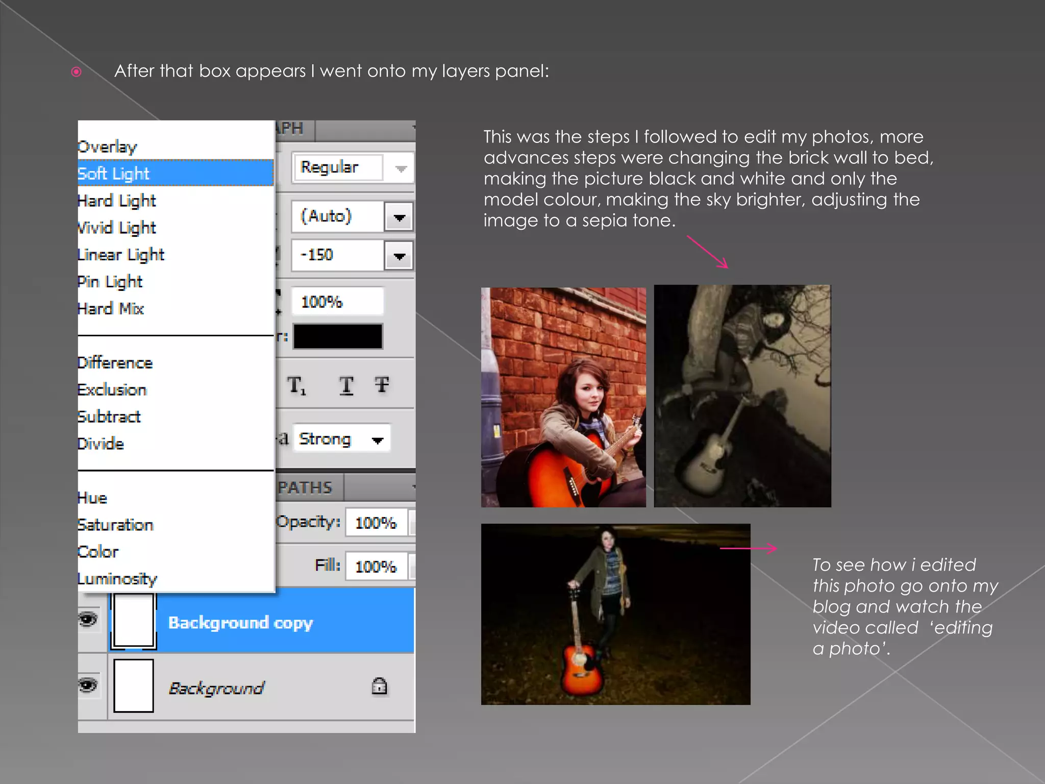 What have you learnt about technologies from the process of constructing this product? The technologies I have used are, Photoshop, slide share, serif photo plus/page plus , sony a200 camera, prezi, survey monkey and movie maker , Camtasia ( this record your screen while you work) I did this to show my technology skills. The technologies I have used help me create my media product and also made me more advanced in the programmes I have used throughout the process. Photoshop was the main programme I used to create my media product.I used PowerPoint to create slideshows of things such as typography and my ideal reader, I then used slide share to upload them on my blog.