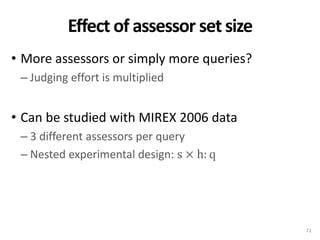 Effect of assessor set size
• More assessors or simply more queries?
– Judging effort is multiplied

• Can be studied with...