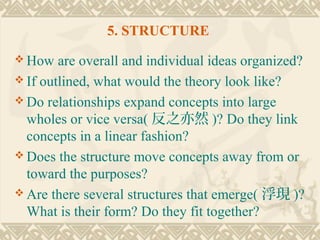 5. STRUCTURE
 How   are overall and individual ideas organized?
 If outlined, what would the theory look like?
 Do relationships expand concepts into large
  wholes or vice versa( 反之亦然 )? Do they link
  concepts in a linear fashion?
 Does the structure move concepts away from or
  toward the purposes?
 Are there several structures that emerge( 浮現 )?
  What is their form? Do they fit together?
 
