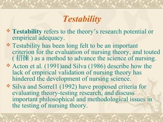 Science Involves Important Components Testability Evaluation of-a-nursing-theory-nursing-theory-ppt | PPT