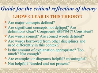 Guide for the critical reflection of theory
     1.HOW CLEAR IS THIS THEORY?
  Are  major concepts defined?
  Are significant concepts not defined? Are
   definitions clear? Congruent( 適合的 )? Consistent?
  Are words coined? Are coined words defined?
  Are words borrowed from other disciplines and
   used differently in this context?
  Is the amount of explanation appropriate? Too
   much? Not enough?
  Are examples or diagrams helpful? meaningful?
  Not helpful? Needed and not present?
 