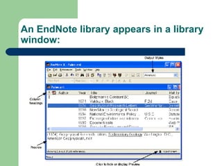 An EndNote library appears in a library window:  