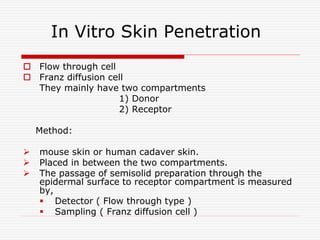In Vitro Skin Penetration
 Flow through cell
 Franz diffusion cell
They mainly have two compartments
1) Donor
2) Receptor
Method:
 mouse skin or human cadaver skin.
 Placed in between the two compartments.
 The passage of semisolid preparation through the
epidermal surface to receptor compartment is measured
by,
 Detector ( Flow through type )
 Sampling ( Franz diffusion cell )
 