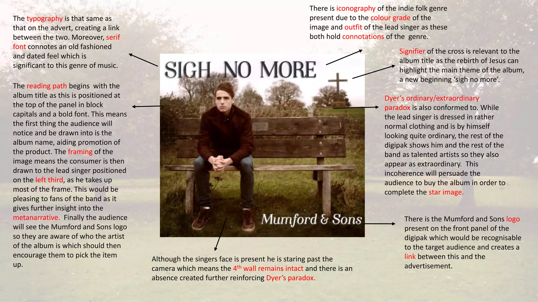 There is iconography of the indie folk genre
present due to the colour grade of the
image and outfit of the lead singer as these
both hold connotations of the genre.
There is the Mumford and Sons logo
present on the front panel of the
digipak which would be recognisable
to the target audience and creates a
link between this and the
advertisement.
The typography is that same as
that on the advert, creating a link
between the two. Moreover, serif
font connotes an old fashioned
and dated feel which is
significant to this genre of music.
The reading path begins with the
album title as this is positioned at
the top of the panel in block
capitals and a bold font. This means
the first thing the audience will
notice and be drawn into is the
album name, aiding promotion of
the product. The framing of the
image means the consumer is then
drawn to the lead singer positioned
on the left third, as he takes up
most of the frame. This would be
pleasing to fans of the band as it
gives further insight into the
metanarrative. Finally the audience
will see the Mumford and Sons logo
so they are aware of who the artist
of the album is which should then
encourage them to pick the item
up.
Although the singers face is present he is staring past the
camera which means the 4th wall remains intact and there is an
absence created further reinforcing Dyer’s paradox.
Signifier of the cross is relevant to the
album title as the rebirth of Jesus can
highlight the main theme of the album,
a new beginning ‘sigh no more’.
Dyer’s ordinary/extraordinary
paradox is also conformed to. While
the lead singer is dressed in rather
normal clothing and is by himself
looking quite ordinary, the rest of the
digipak shows him and the rest of the
band as talented artists so they also
appear as extraordinary. This
incoherence will persuade the
audience to buy the album in order to
complete the star image.
 