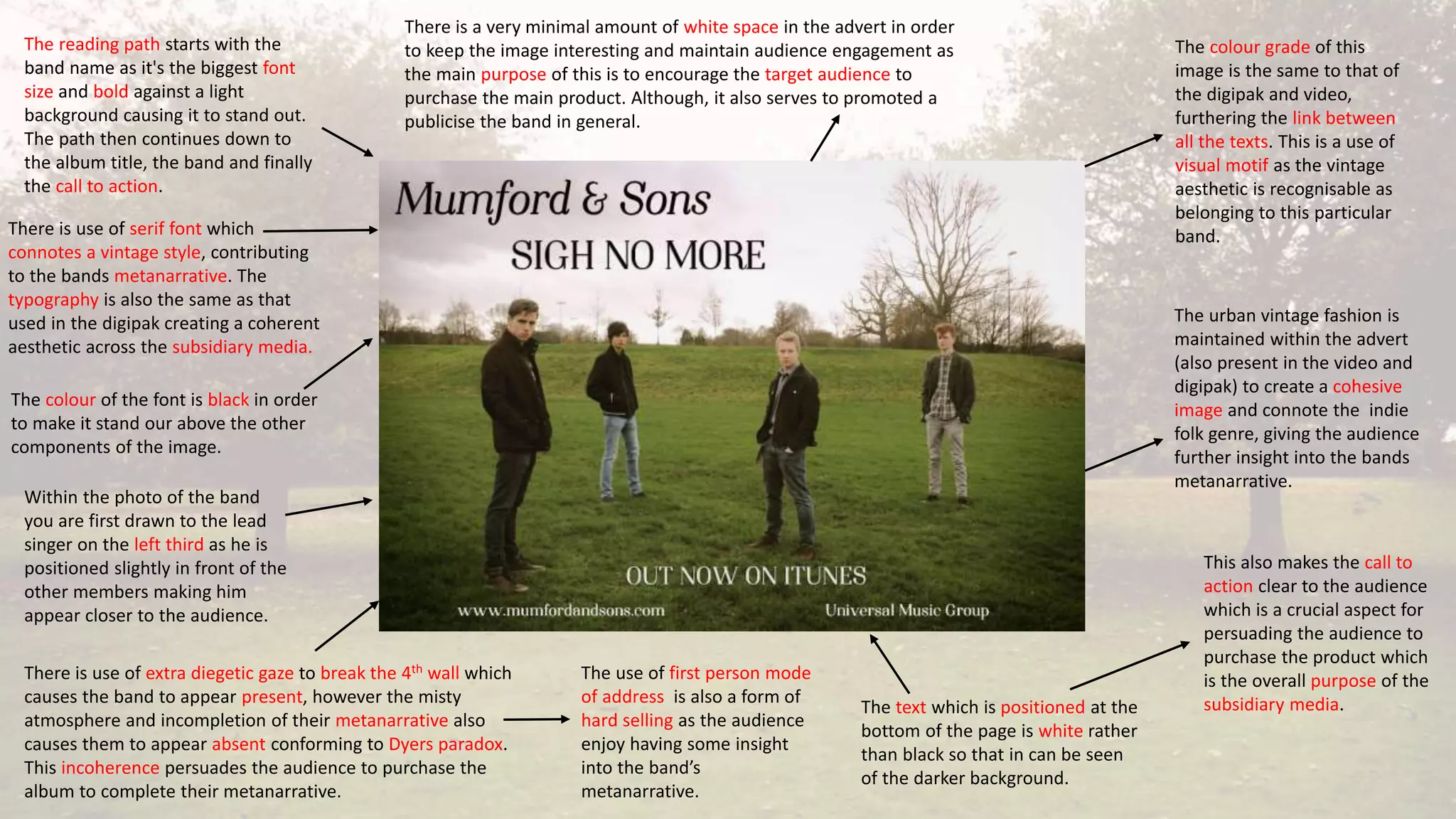 The reading path starts with the
band name as it's the biggest font
size and bold against a light
background causing it to stand out.
The path then continues down to
the album title, the band and finally
the call to action.
There is use of serif font which
connotes a vintage style, contributing
to the bands metanarrative. The
typography is also the same as that
used in the digipak creating a coherent
aesthetic across the subsidiary media.
The colour of the font is black in order
to make it stand our above the other
components of the image.
Within the photo of the band
you are first drawn to the lead
singer on the left third as he is
positioned slightly in front of the
other members making him
appear closer to the audience.
There is use of extra diegetic gaze to break the 4th wall which
causes the band to appear present, however the misty
atmosphere and incompletion of their metanarrative also
causes them to appear absent conforming to Dyers paradox.
This incoherence persuades the audience to purchase the
album to complete their metanarrative.
The use of first person mode
of address is also a form of
hard selling as the audience
enjoy having some insight
into the band’s
metanarrative.
The text which is positioned at the
bottom of the page is white rather
than black so that in can be seen
of the darker background.
This also makes the call to
action clear to the audience
which is a crucial aspect for
persuading the audience to
purchase the product which
is the overall purpose of the
subsidiary media.
The urban vintage fashion is
maintained within the advert
(also present in the video and
digipak) to create a cohesive
image and connote the indie
folk genre, giving the audience
further insight into the bands
metanarrative.
The colour grade of this
image is the same to that of
the digipak and video,
furthering the link between
all the texts. This is a use of
visual motif as the vintage
aesthetic is recognisable as
belonging to this particular
band.
There is a very minimal amount of white space in the advert in order
to keep the image interesting and maintain audience engagement as
the main purpose of this is to encourage the target audience to
purchase the main product. Although, it also serves to promoted a
publicise the band in general.
 
