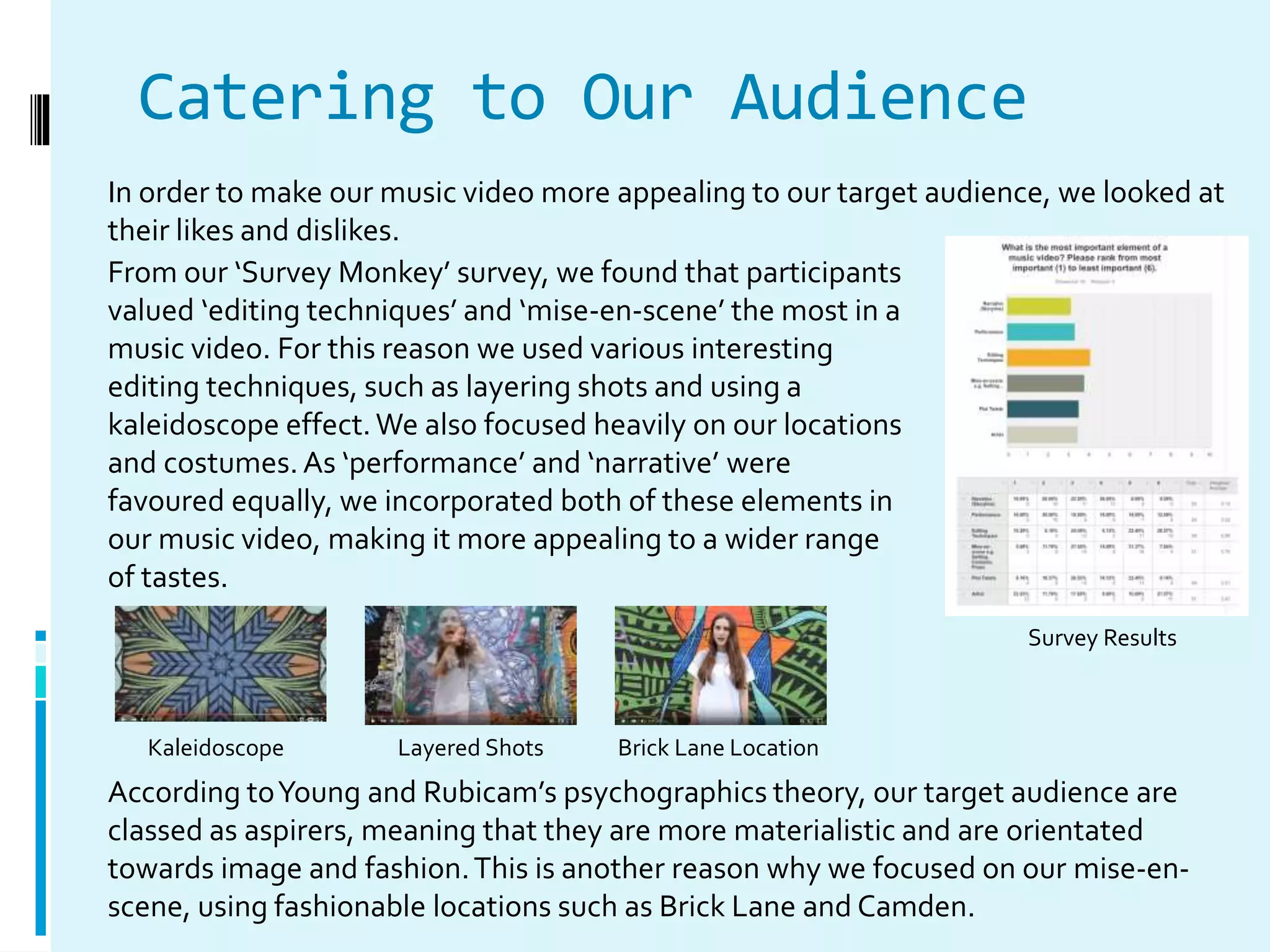 Catering to Our Audience
In order to make our music video more appealing to our target audience, we looked at
their likes and dislikes.
From our ‘Survey Monkey’ survey, we found that participants
valued ‘editing techniques’ and ‘mise-en-scene’ the most in a
music video. For this reason we used various interesting
editing techniques, such as layering shots and using a
kaleidoscope effect.We also focused heavily on our locations
and costumes.As ‘performance’ and ‘narrative’ were
favoured equally, we incorporated both of these elements in
our music video, making it more appealing to a wider range
of tastes.
According toYoung and Rubicam’s psychographics theory, our target audience are
classed as aspirers, meaning that they are more materialistic and are orientated
towards image and fashion.This is another reason why we focused on our mise-en-
scene, using fashionable locations such as Brick Lane and Camden.
Survey Results
Layered ShotsKaleidoscope Brick Lane Location
 