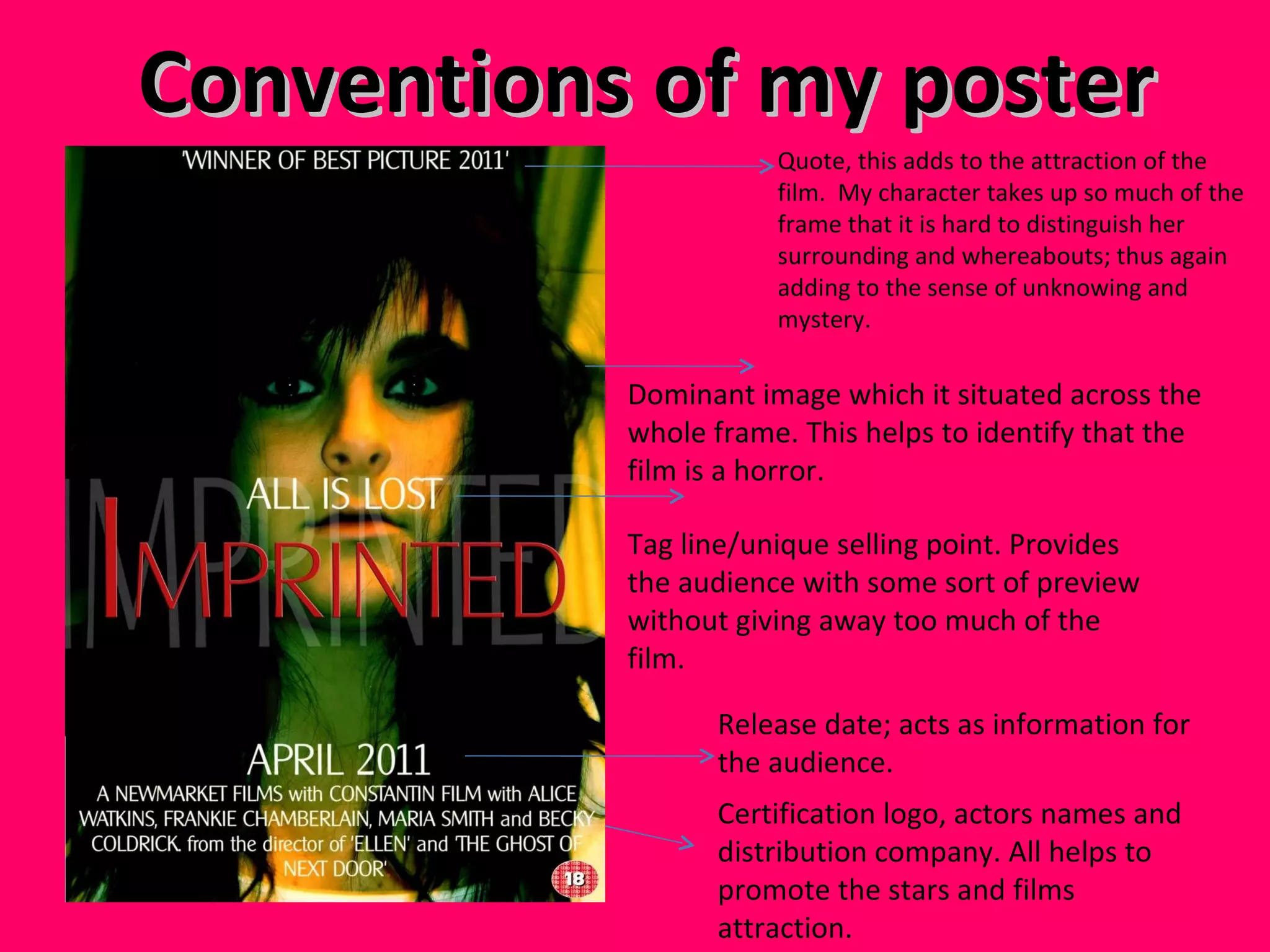 Conventions of my poster Quote, this adds to the attraction of the film.  My character takes up so much of the frame that it is hard to distinguish her surrounding and whereabouts; thus again adding to the sense of unknowing and mystery.  Dominant image which it situated across the whole frame. This helps to identify that the film is a horror.  Tag line/unique selling point. Provides the audience with some sort of preview without giving away too much of the film.  Release date; acts as information for the audience.  Certification logo, actors names and distribution company. All helps to promote the stars and films attraction. 