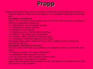 Propp  Propp proposed the idea that the narrative of folk tales were broken down into four separate spheres, below are these spheres: thus example including a hero based plot. 1st Sphere: Introduction Steps 1 to 7 introduces the situation and most of the main characters, setting the scene for subsequent adventure • 1. Absentation: Someone goes missing • 2. Interdiction: Hero is warned • 3. Violation of interdiction • 4. Reconnaissance: Villain seeks something • 5. Delivery: The villain gains information • 6. Trickery: Villain attempts to deceive victim • 7. Complicity: Unwitting helping of the enemy The above seven points imply that this is what is going to occur during this introductory period. 2nd Sphere: The Body of the story The main story starts here and extends to the departure of the hero on the main quest. • 8. Villainy and lack: The need is identified • 9. Mediation: Hero discovers the lack • 10. Counteraction: Hero chooses positive action • 11. Departure: Hero leaves on mission Again, the main action that provides the plot with depth and introduces the main story/action to the audience. 