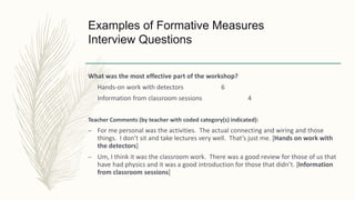 Examples of Formative Measures
Interview Questions
What was the most effective part of the workshop?
Hands-on work with detectors 6
Information from classroom sessions 4
Teacher Comments (by teacher with coded category(s) indicated):
– For me personal was the activities. The actual connecting and wiring and those
things. I don’t sit and take lectures very well. That’s just me. [Hands on work with
the detectors]
– Um, I think it was the classroom work. There was a good review for those of us that
have had physics and it was a good introduction for those that didn’t. [Information
from classroom sessions]
 