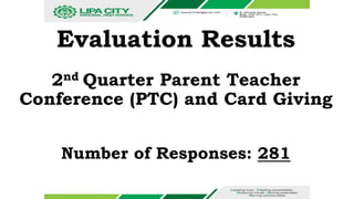 Evaluation Results
2nd Quarter Parent Teacher
Conference (PTC) and Card Giving
Number of Responses: 281
 