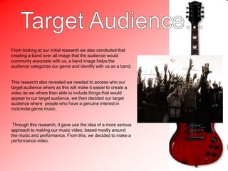  Film trailerMy group chose to make a music video. This task also consisted of making and producinga video, designing a Digipak CD cover, and making an advertisement poster which couldfeature in as a magazine spread.It made sense to us , to use our own band to base this project on Undershot. We then Had to record and produce a title track for the video which is a rock/indie track called Jarhead. We were set a task to create a  music  video that would be entertaining and capture the audience’s attention,  before we could consider any filming any footage , we had to consider a variety of different aspects that go into creating a successful media product that answers the brief we were  initially given. 