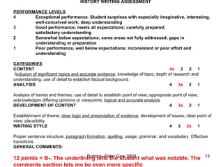 HISTORY WRITING ASSESSMENT PERFORMANCE LEVELS 4 Exceptional performance. Student surprises with especially imaginative, interesting,  well-conceived work; deep understanding 3 Good performance; meets all expectations; carefully prepared;  satisfactory understanding 2 Somewhat below expectations; some areas not fully addressed; gaps in  understanding or preparation 1 Poor performance, well below expectations; inconsistent or poor effort and  understanding CATEGORIES CONTENT 4x   3  2  1  I nclusion of significant topics and accurate evidence ; knowledge of topic; depth of research and understanding; use of detail to establish factual background. ANALYSIS 4  3x   2  1  Analysis of trends and themes; use of detail to establish point of view ;  appropriate point of view; acknowledges differing opinions or viewpoints;  logical and accurate analysis   DEVELOPMENT OF CONTENT 4  3x   2  1  Establishment of theme;  clear logic and presentation of evidence ; development of issues; clear point of view; plausibility WRITING STYLE 4  3  2x  1  Proper sentence structure,  paragraph formation ,  spelling , usage, grammar, and vocabulary. Effective transitions. GENERAL COMMENTS: 12 points = B-. The underlining tells the student what was notable. The comments section lets me be even more specific Rubrics--Peter Gow 2009 