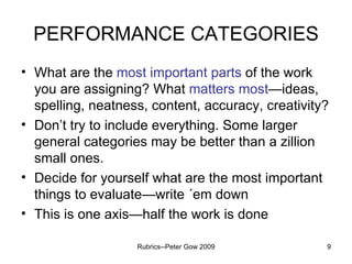 PERFORMANCE CATEGORIES What are the  most important parts  of the work you are assigning? What  matters most —ideas, spelling, neatness, content, accuracy, creativity? Don’t try to include everything. Some larger general categories may be better than a zillion small ones. Decide for yourself what are the most important things to evaluate—write  ´ em down This is one axis—half the work is done Rubrics--Peter Gow 2009 