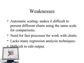 Weaknesses Automatic scaling: makes it difficult to present different charts using the same scale for comparisons.  Need for fast processor for work with charts  Lacks many regression analysis techniques.  Difficult to edit output.  