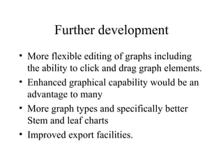 Further development More flexible editing of graphs including the ability to click and drag graph elements.  Enhanced graphical capability would be an advantage to many  More graph types and specifically better Stem and leaf charts  Improved export facilities.  