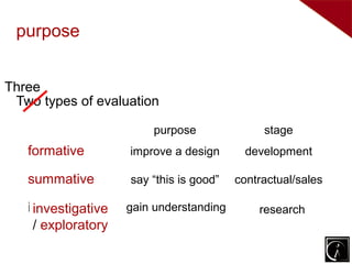 purpose


Three
 Two types of evaluation

                         purpose               stage
   formative        improve a design        development

   summative        say “this is good”    contractual/sales

   investigative
    investigative   gain understanding
                     gain understanding       research
                                              research
    / exploratory
 